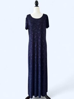 90s Pariscope Navy Blue Floral Boho Whimsigoth Whimsy Short Sleeve Maxi Dress